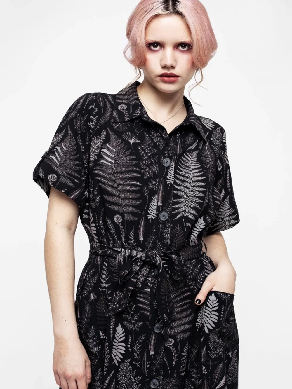 Maidenhair Midi Short Sleeve Shirt Dress - 10 Tall - fern frond illustrations - Picture 5 of 11